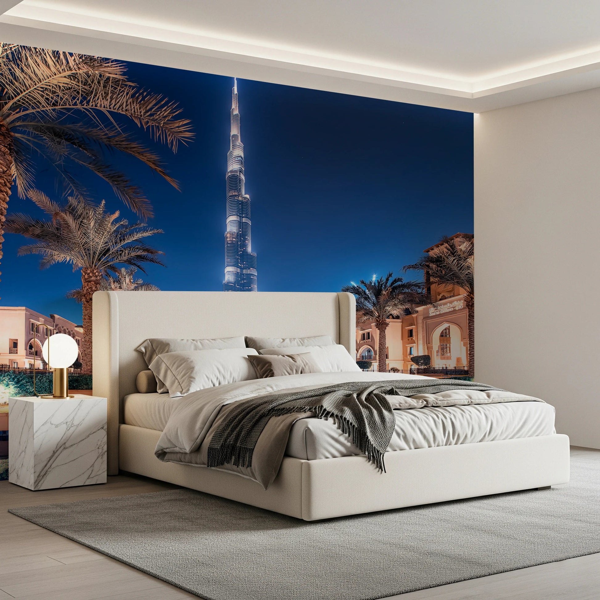 Dubai skyline wall mural with water reflection.