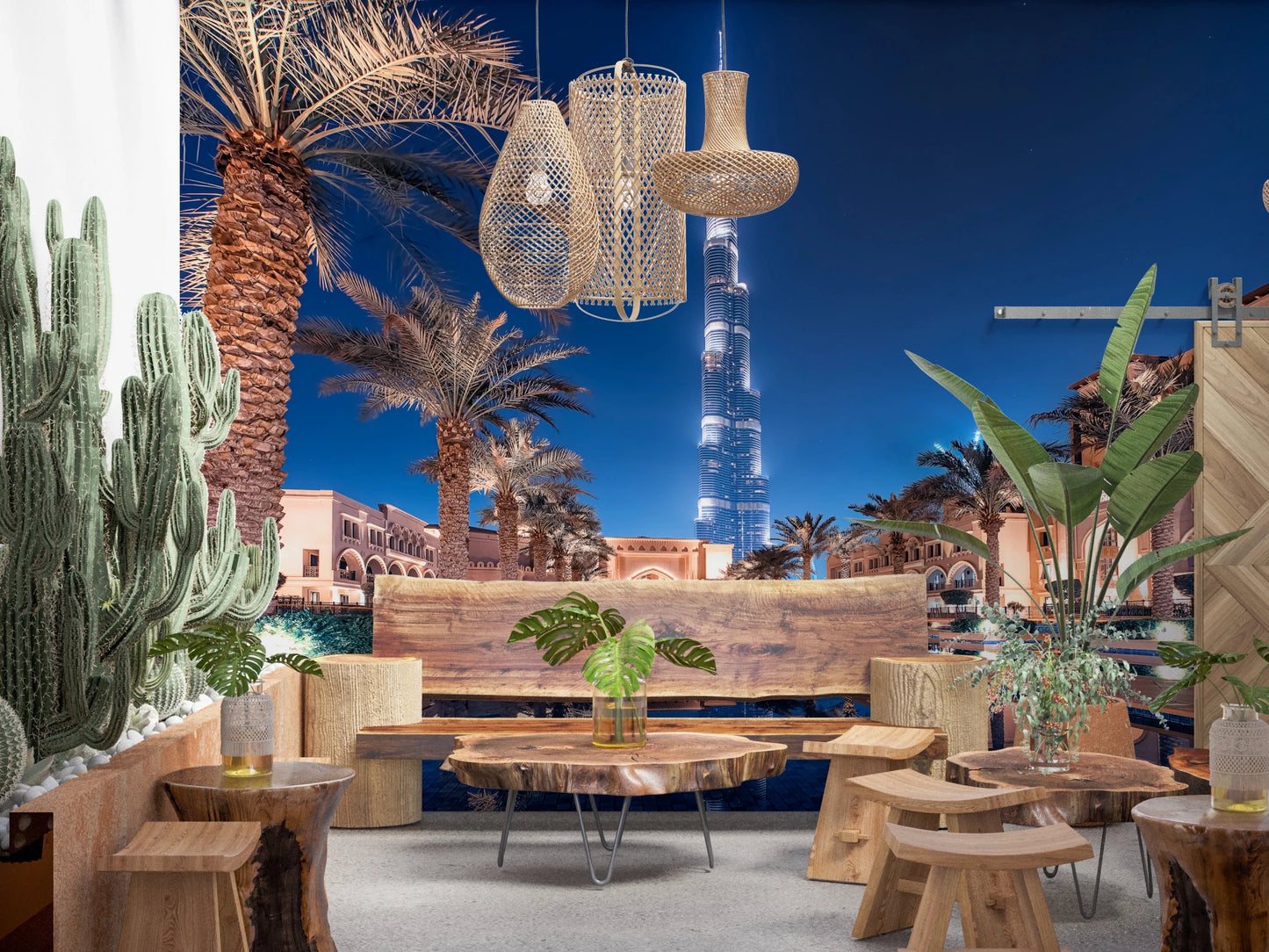 Palm tree and tower wallpaper for walls in hall.