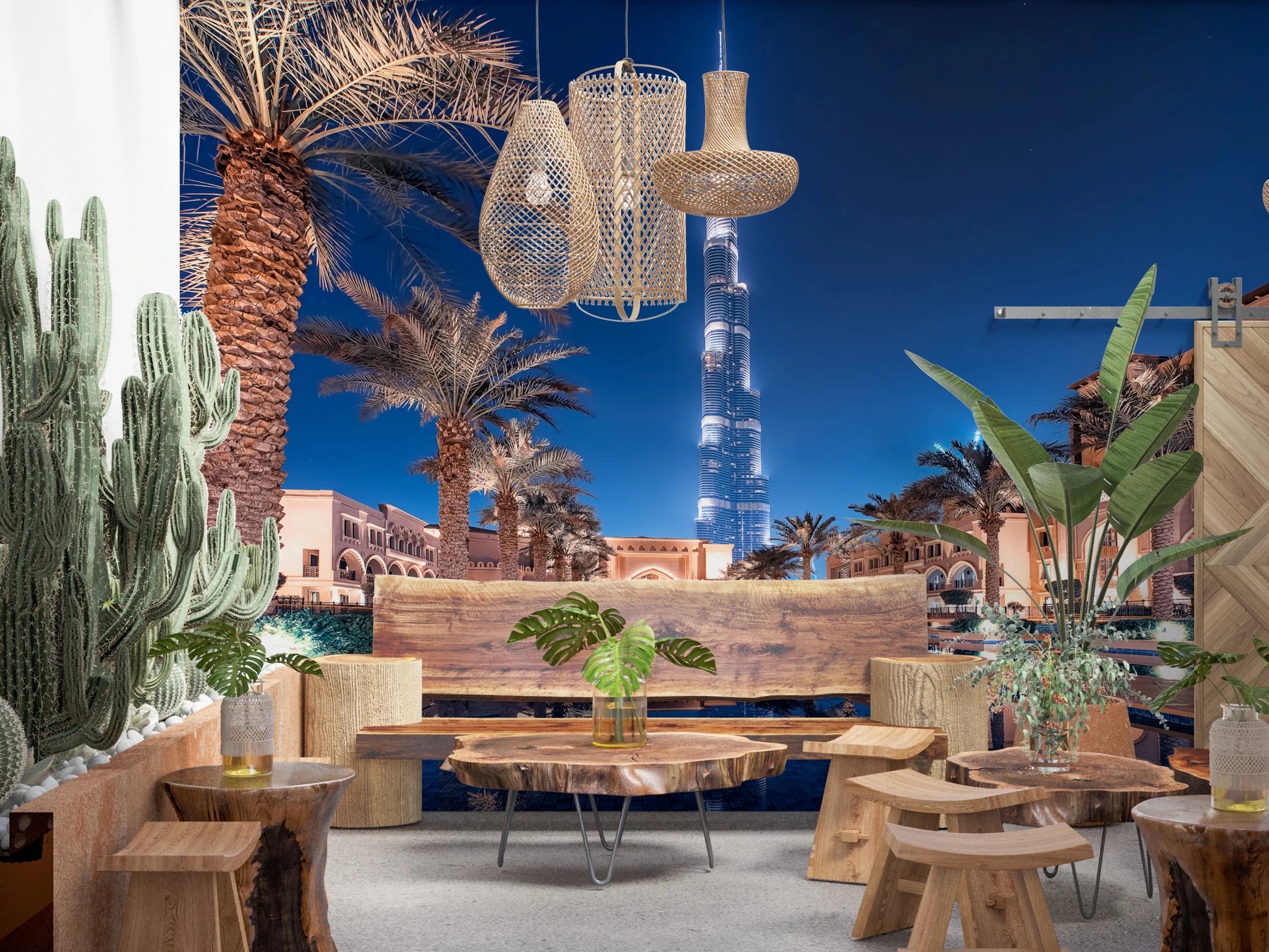 Palm tree and tower wallpaper for walls in hall.