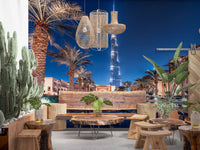 Palm tree and tower wallpaper for walls in hall.