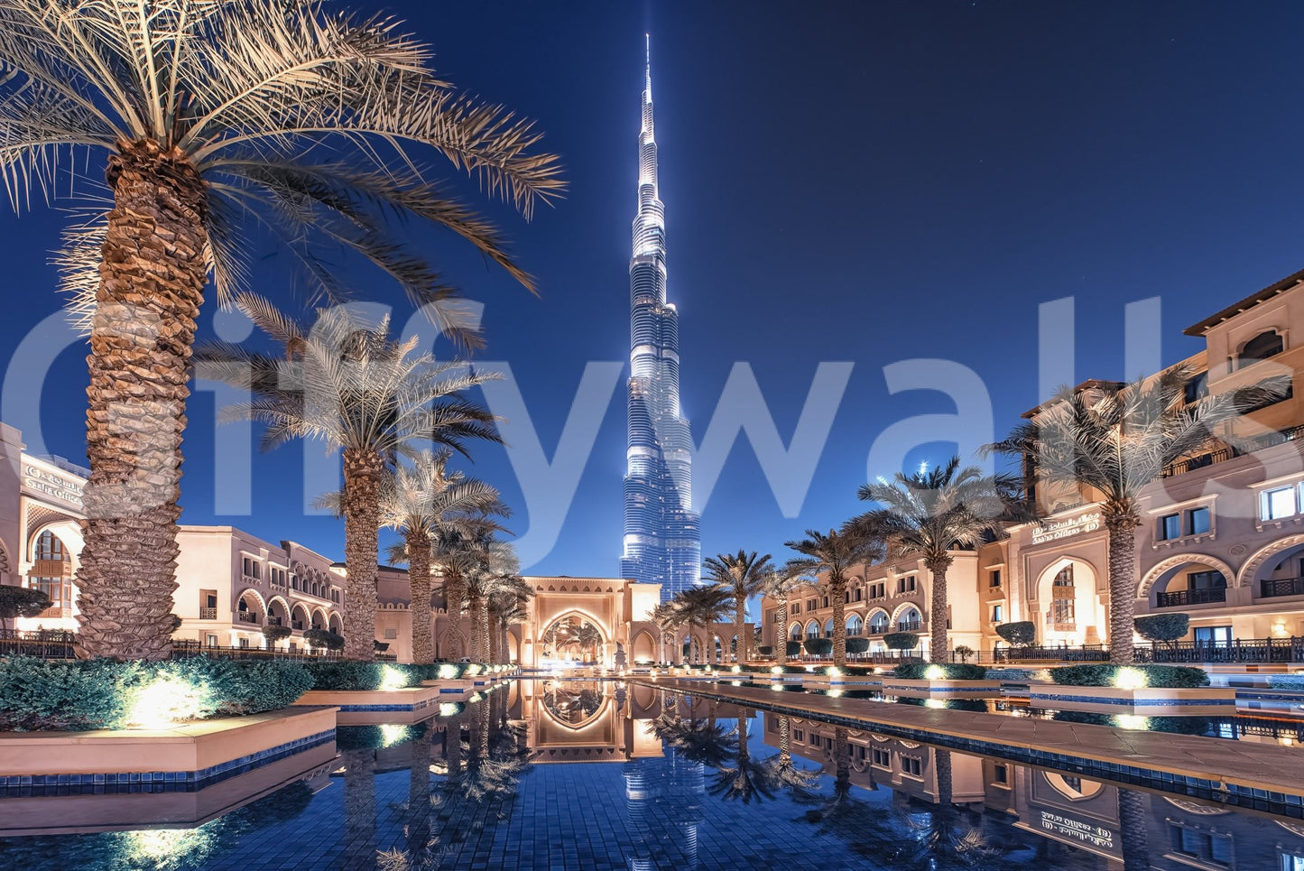 Sunset city wallpaper for walls with reflections.