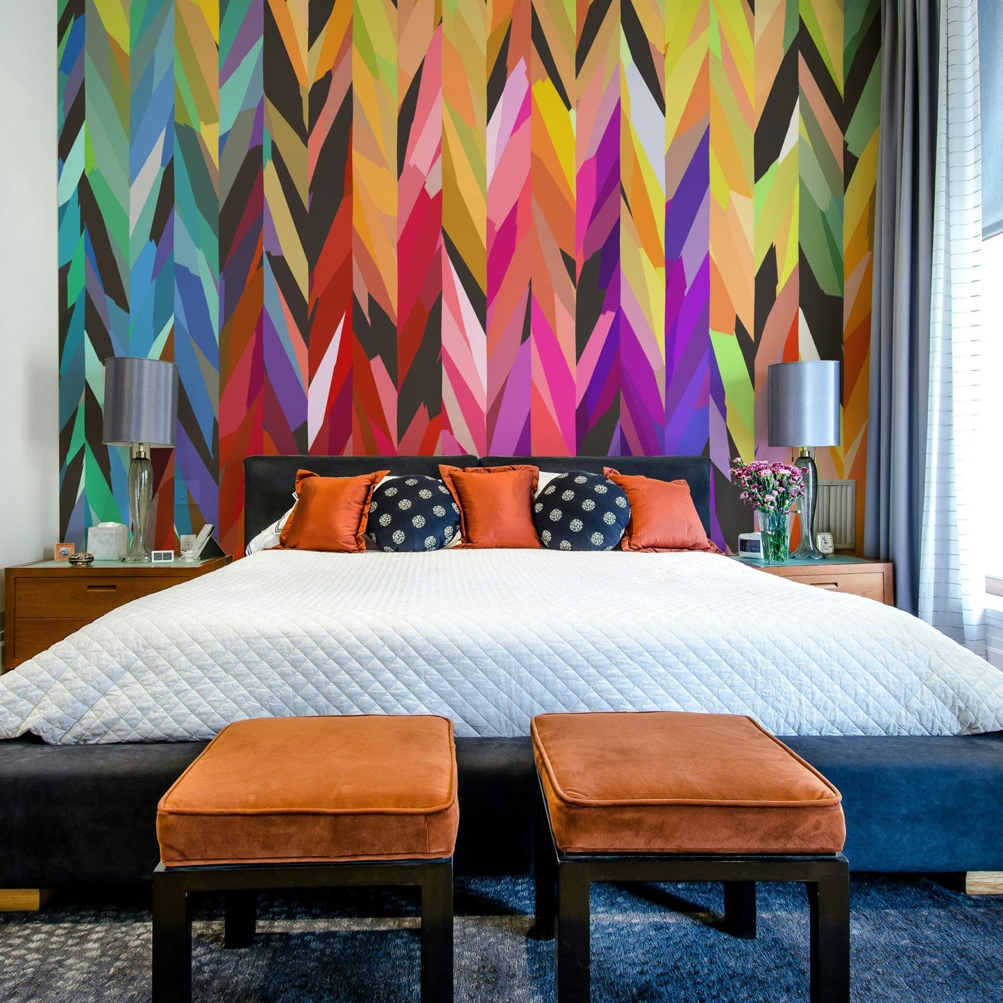 Bold geometric Burst of Color mural for bedrooms

