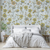 Soft golden and gray floral wallpaper close-up

