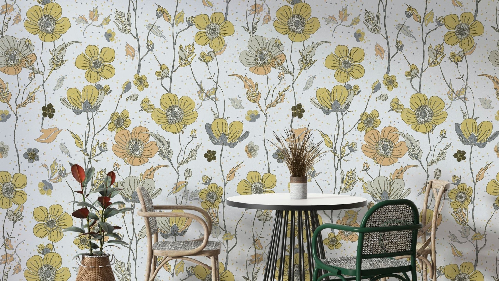 Buttercups Garden Golden and Gray wallpaper detail

