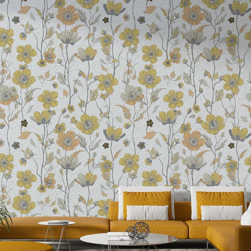 Botanical wallpaper with buttercup motifs

