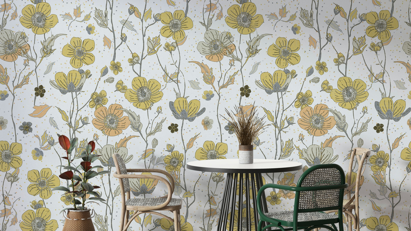 Buttercups Garden Golden and Gray wallpaper detail

