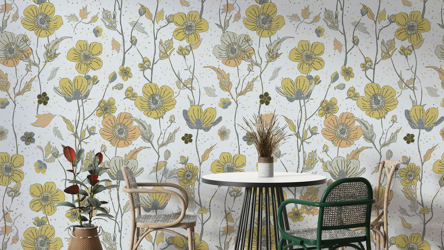 Buttercups Garden Golden and Gray wallpaper detail

