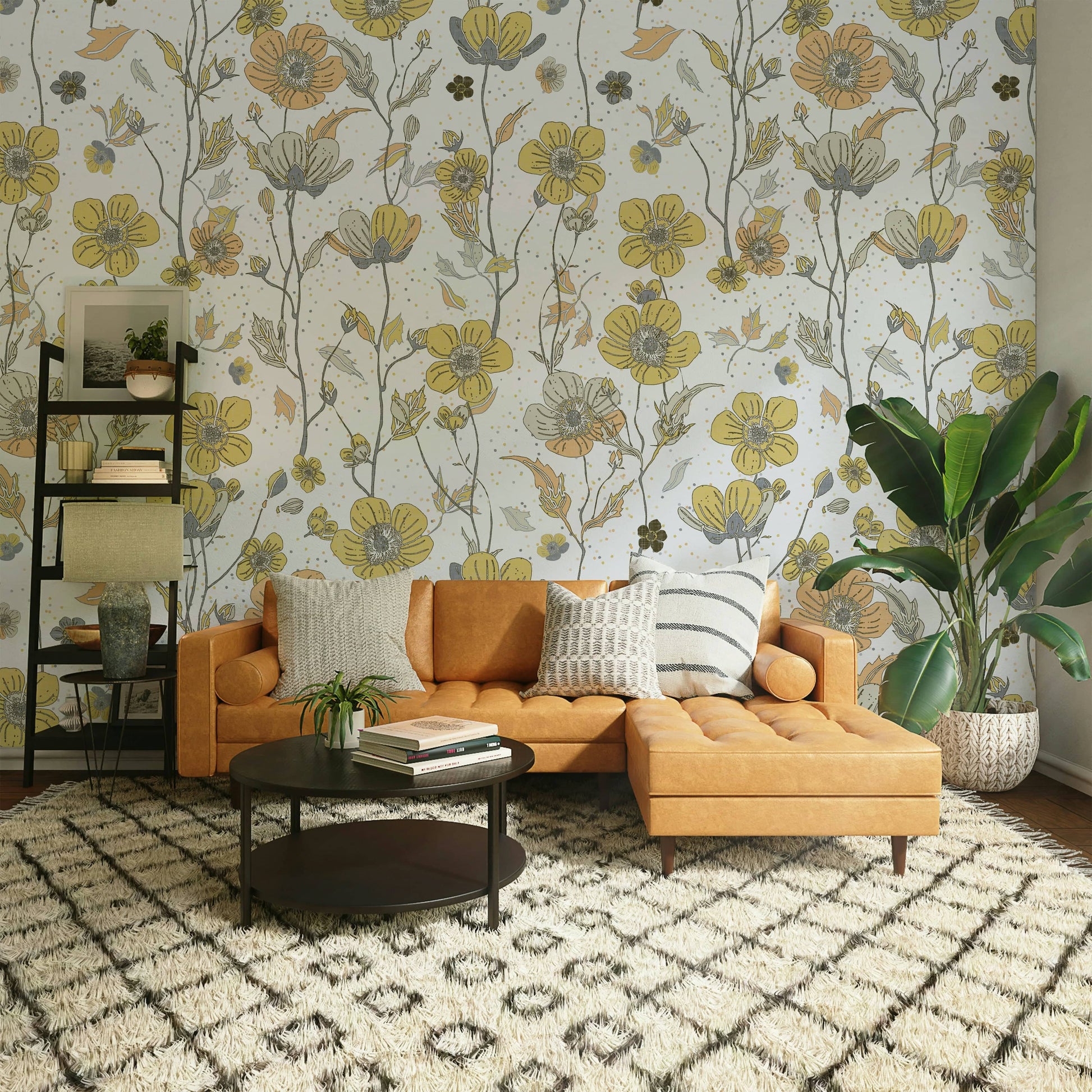 Vintage-style buttercup wallpaper detail

