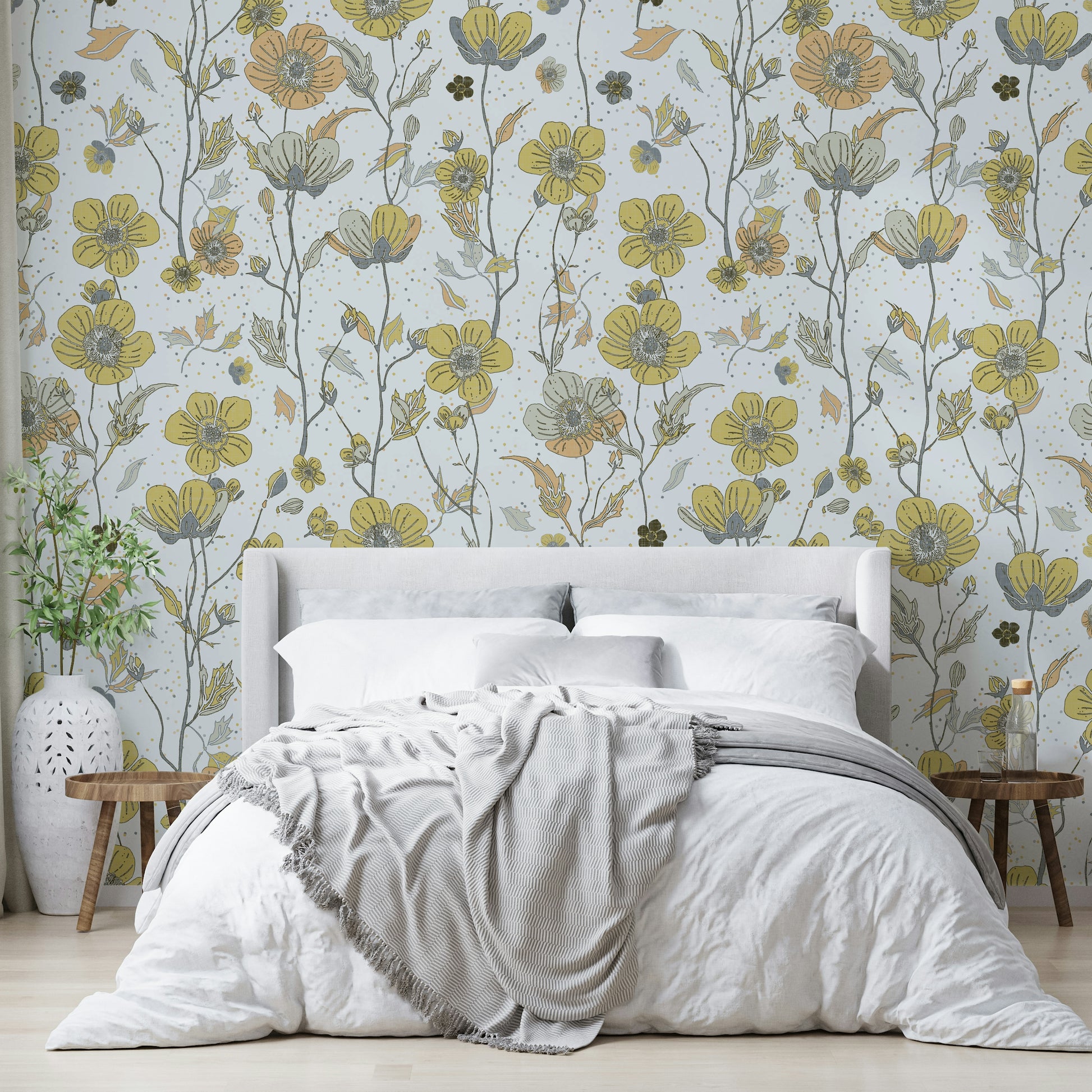 Soft golden and gray floral wallpaper close-up

