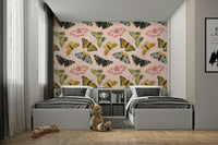 Butterflies fluttering over floral wallpaper design, GD1707