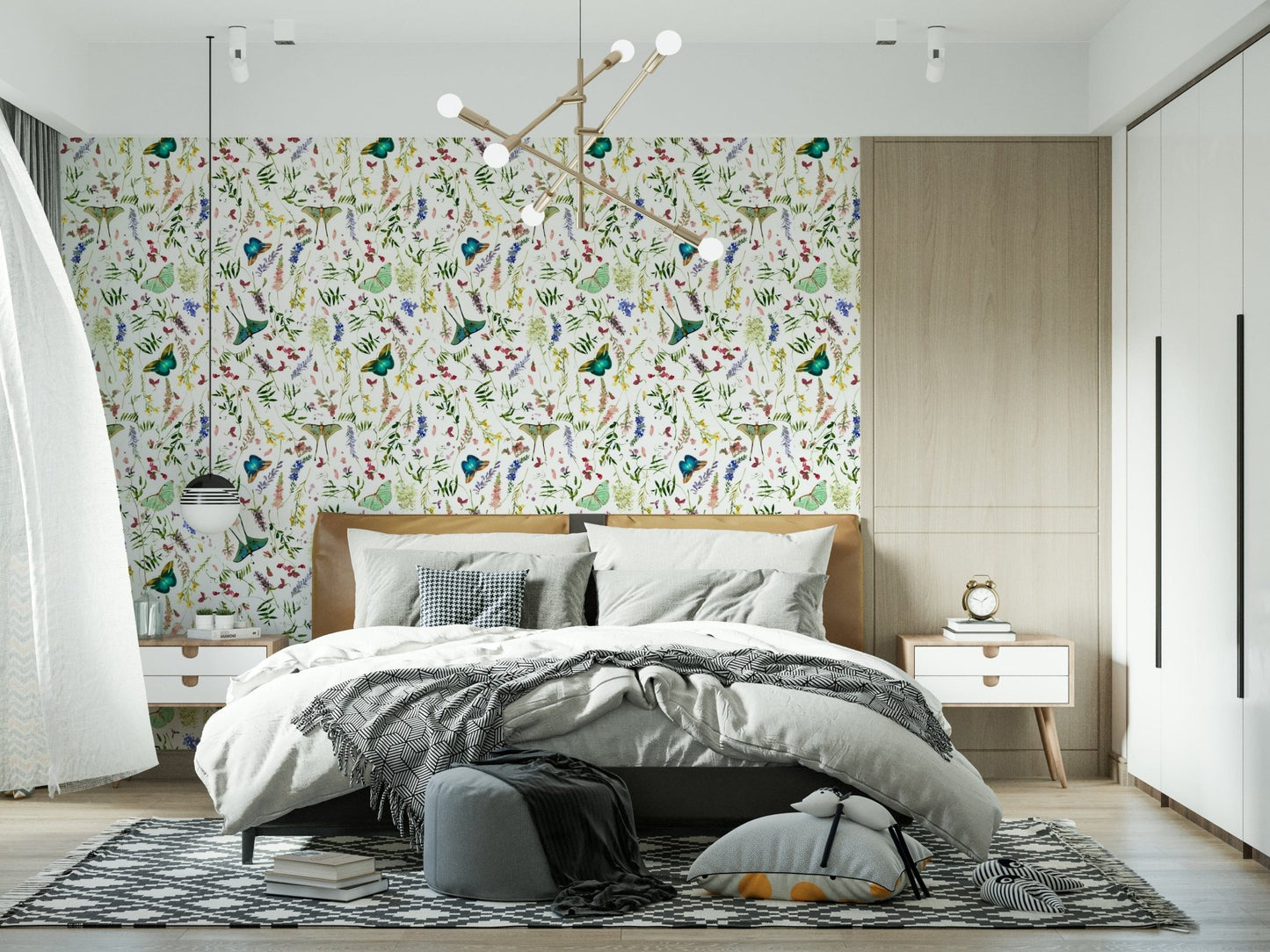 Summer meadow Butterfly And Blooms print stick on wall covering.