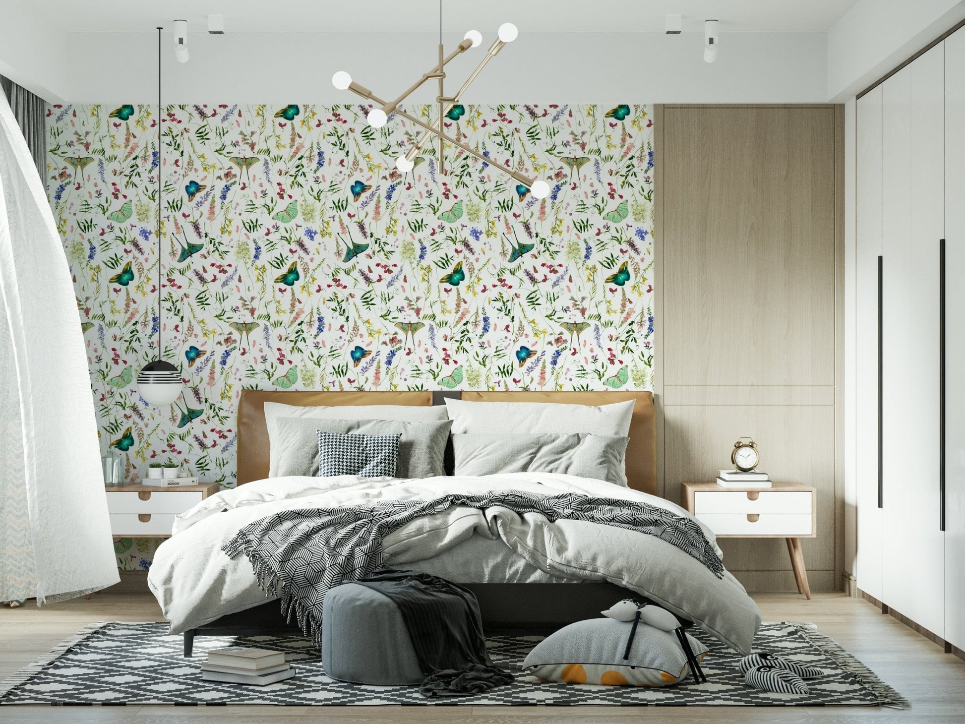 Summer meadow Butterfly And Blooms print stick on wall covering.