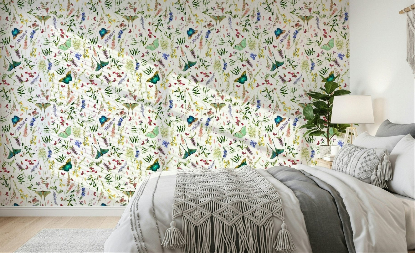 Lush floral print Butterfly And Blooms mural with vibrant flying insects.
