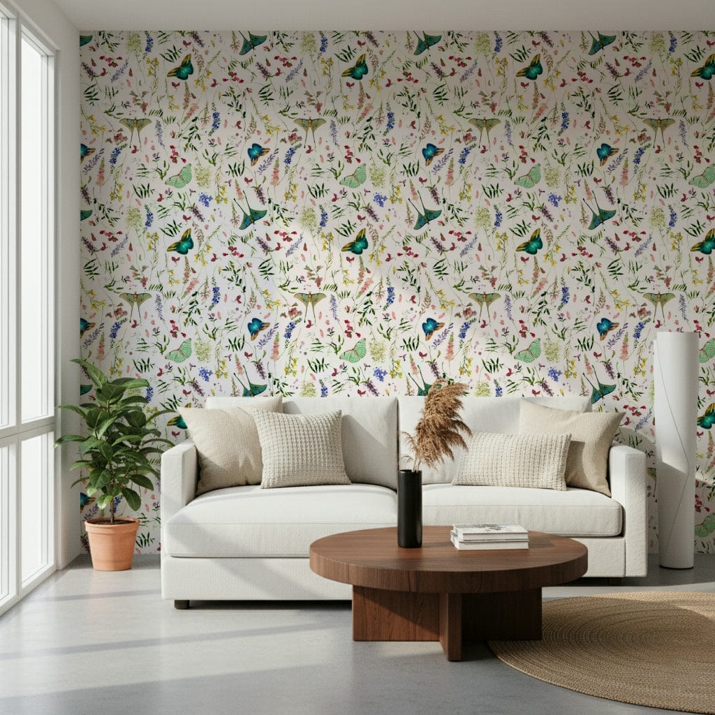 Botanical Butterfly And Blooms wallpaper removable vinyl surface texture.