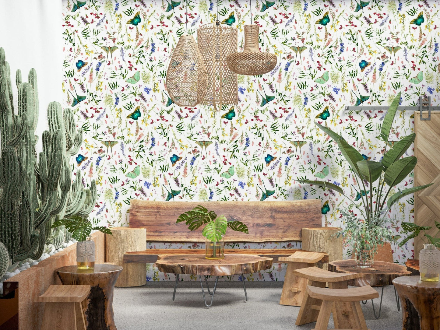 Artistic Butterfly And Blooms wallpaper for walls pastel botanical pattern.