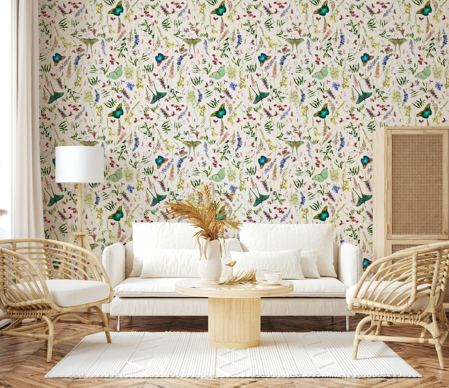 Peel and stick Butterfly And Blooms wallpaper featuring delicate wings.