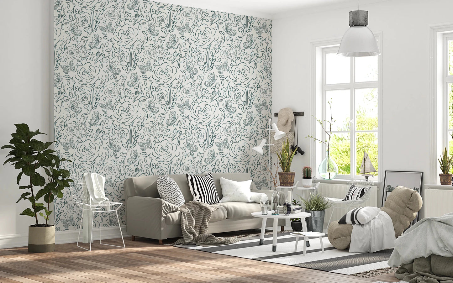 Minimal seating space paired with Butterfly Bloom Line Art Wallpaper in floral outlines