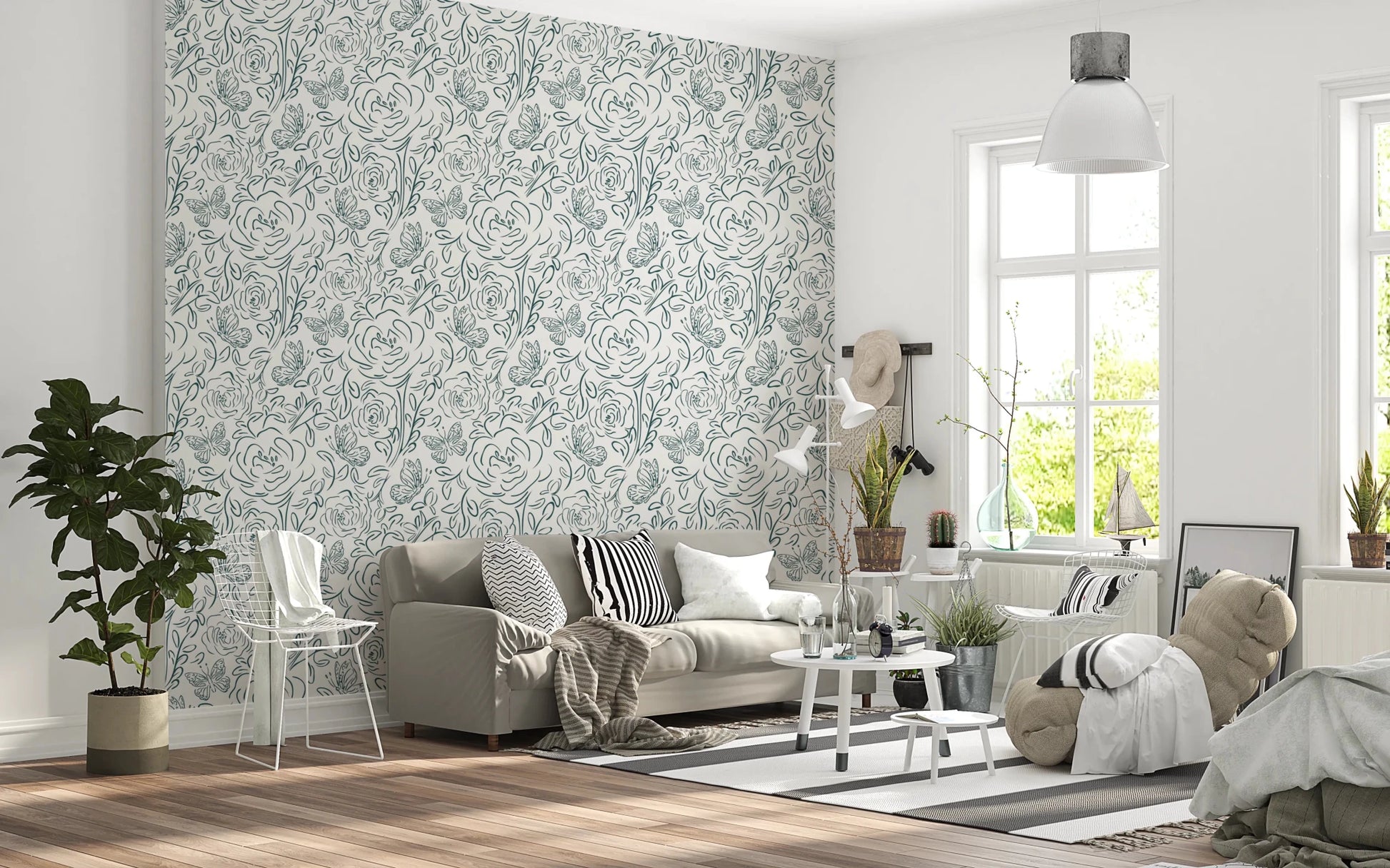 Minimal seating space paired with Butterfly Bloom Line Art Wallpaper in floral outlines
