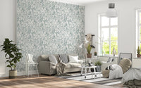 Minimal seating space paired with Butterfly Bloom Line Art Wallpaper in floral outlines