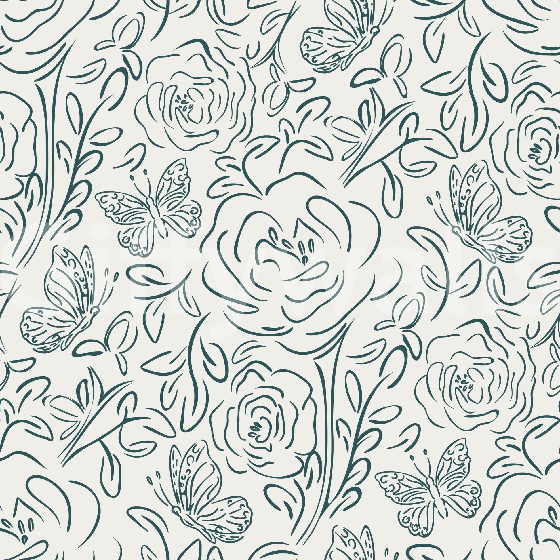 Line art wallpaper featuring flowers and butterflies in delicate outline pattern