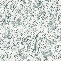 Line art wallpaper featuring flowers and butterflies in delicate outline pattern