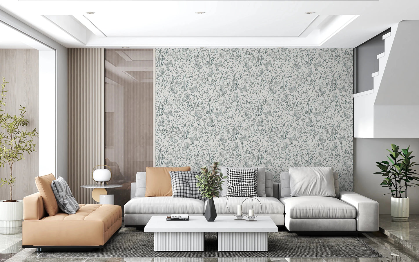 Open interior layout styled in Butterfly Bloom Line Art Wallpaper with floral sketch theme