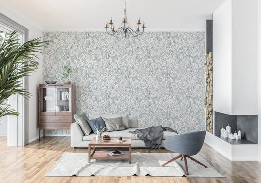 Bright lounge space featuring Butterfly Bloom Line Art Wallpaper with airy botanical flow