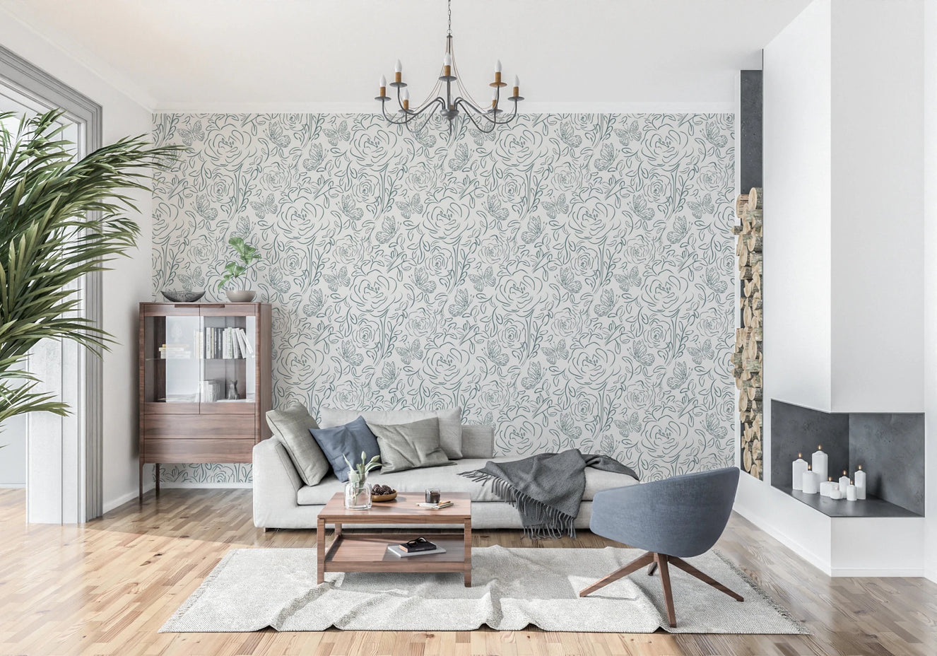 Bright lounge space featuring Butterfly Bloom Line Art Wallpaper with airy botanical flow