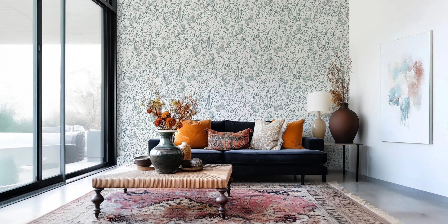 Relaxed lounge corner featuring Butterfly Bloom Line Art Wallpaper and subtle detailing