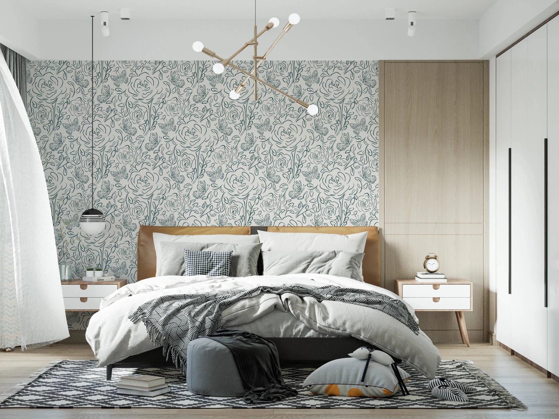 Bed sleeping space featuring Butterfly Bloom Line Art Wallpaper with delicate flow