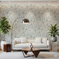 Contemporary living room using Butterfly Bloom Line Art Wallpaper with soft line art