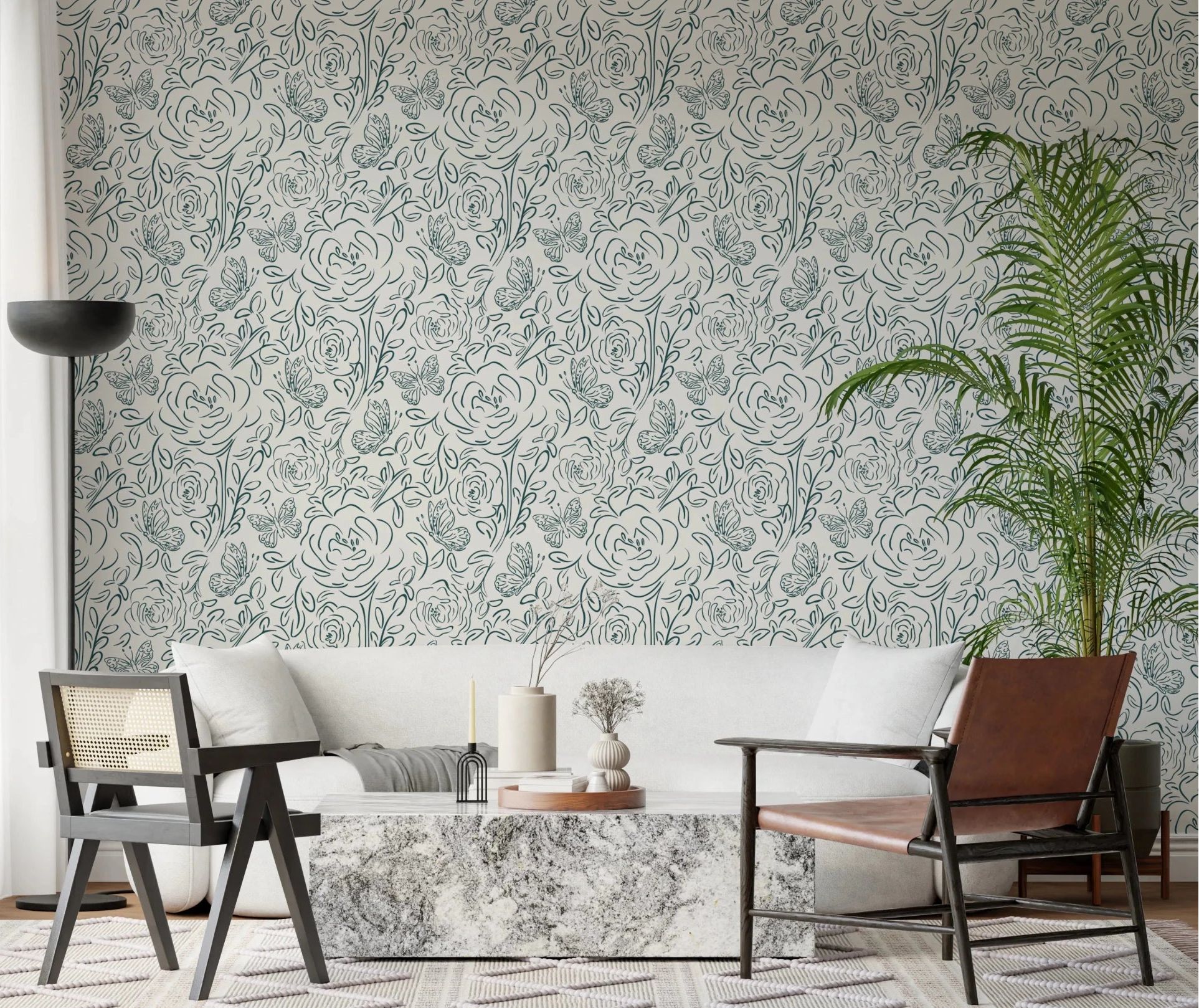 Living room styled with Butterfly Bloom Line Art Wallpaper in soft floral line design, GD8220