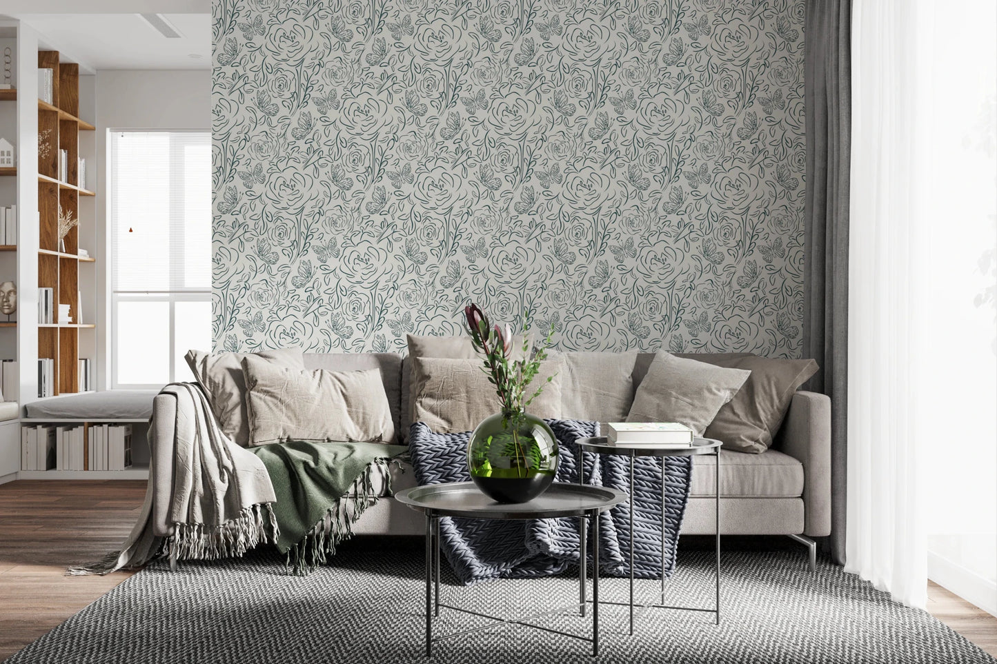 Cozy sofa setup enhanced by Butterfly Bloom Line Art Wallpaper and sketch floral detail