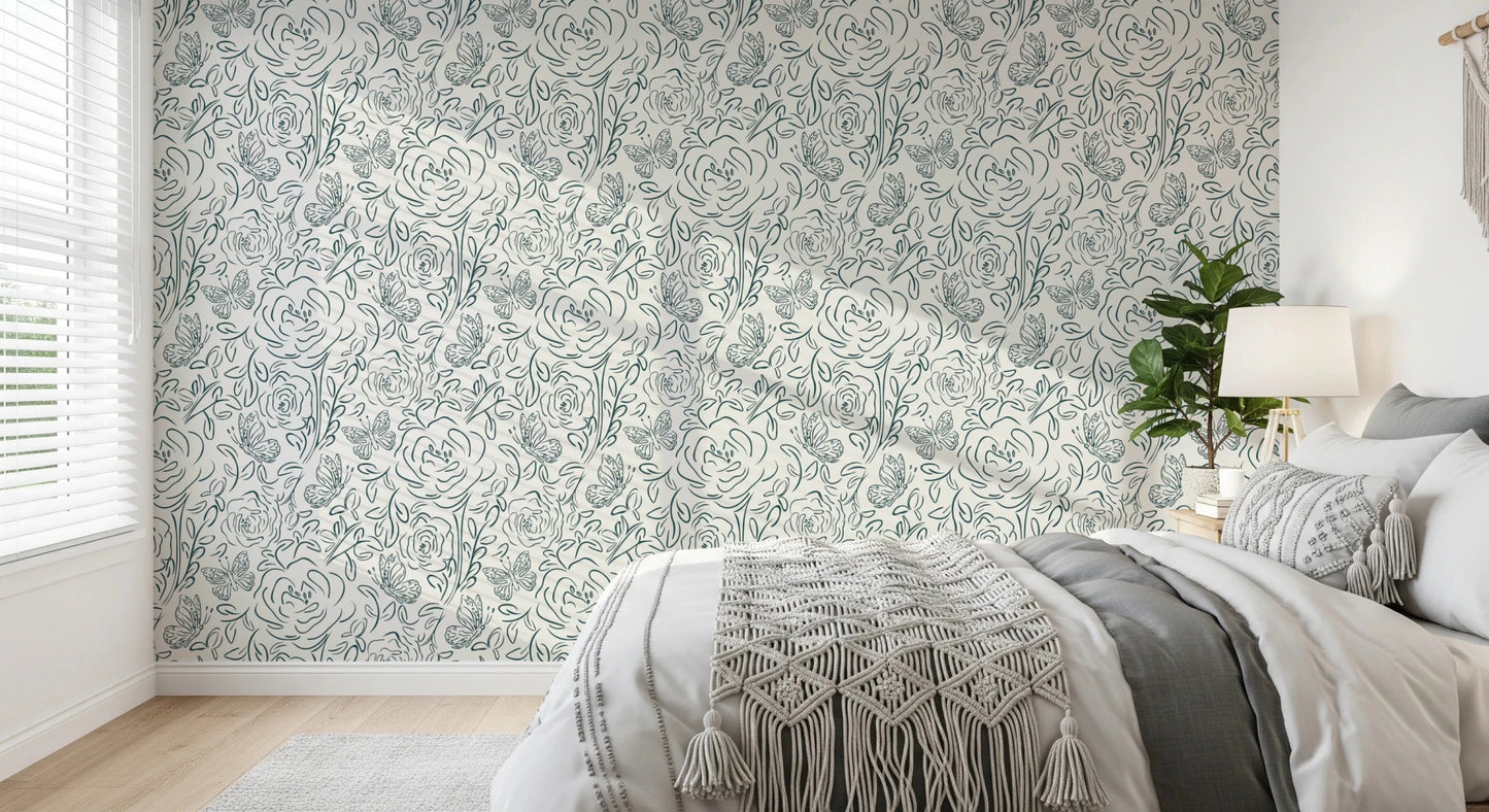 Bedroom setup finished with Butterfly Bloom Line Art Wallpaper and light botanical lines