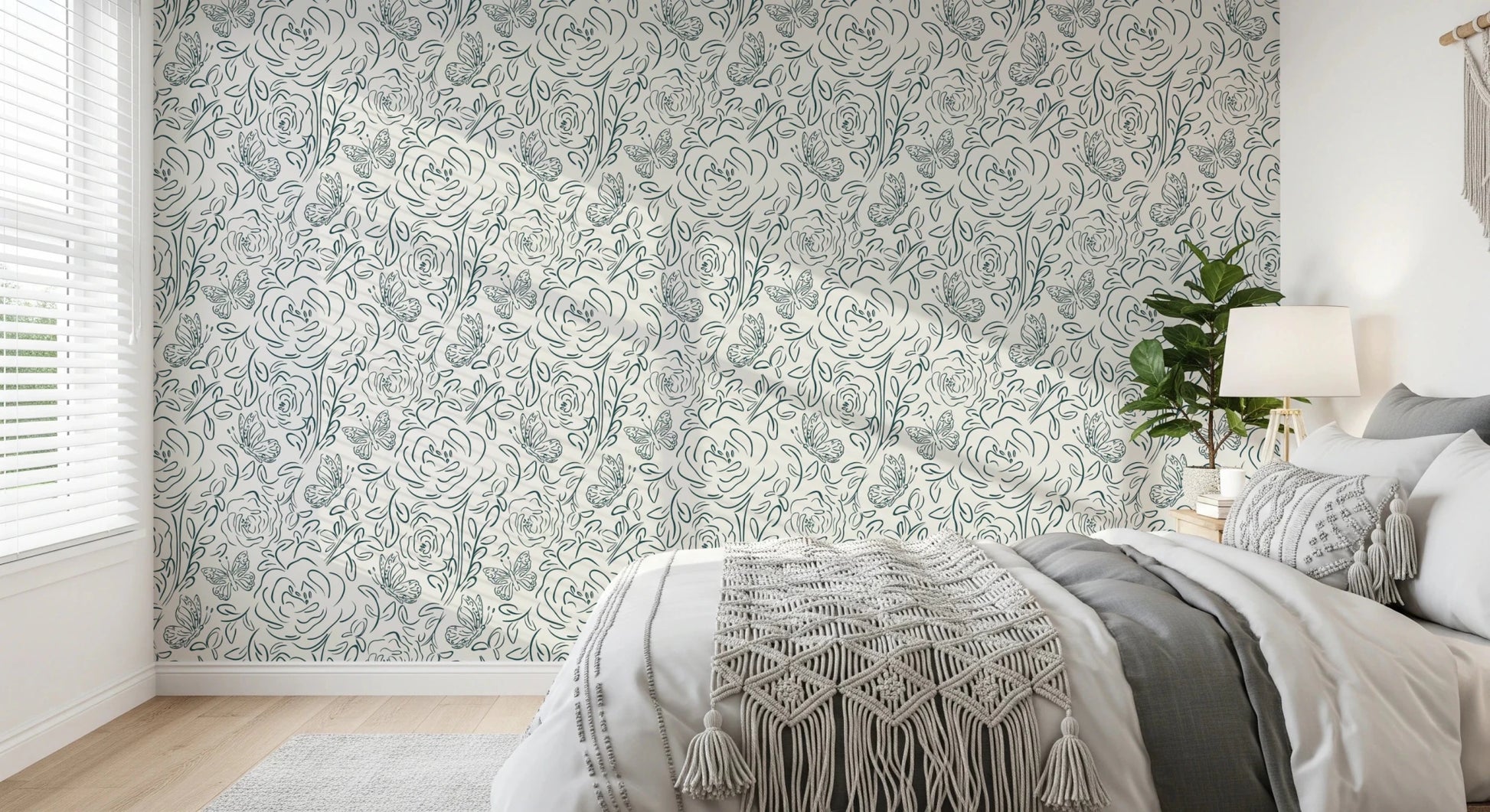 Bedroom setup finished with Butterfly Bloom Line Art Wallpaper and light botanical lines