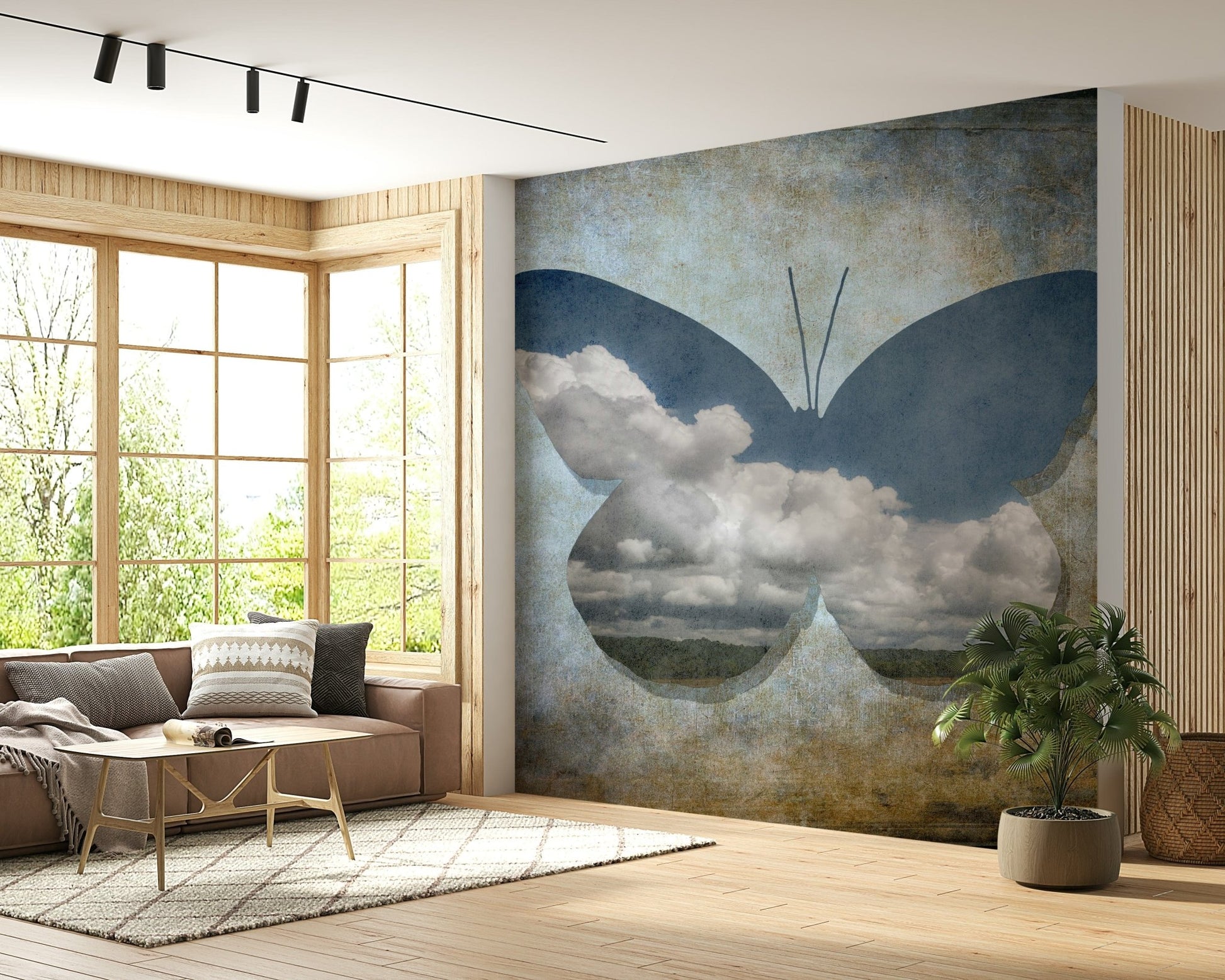 Unique butterfly silhouette, cloudy filling, abstract wallpaper art.