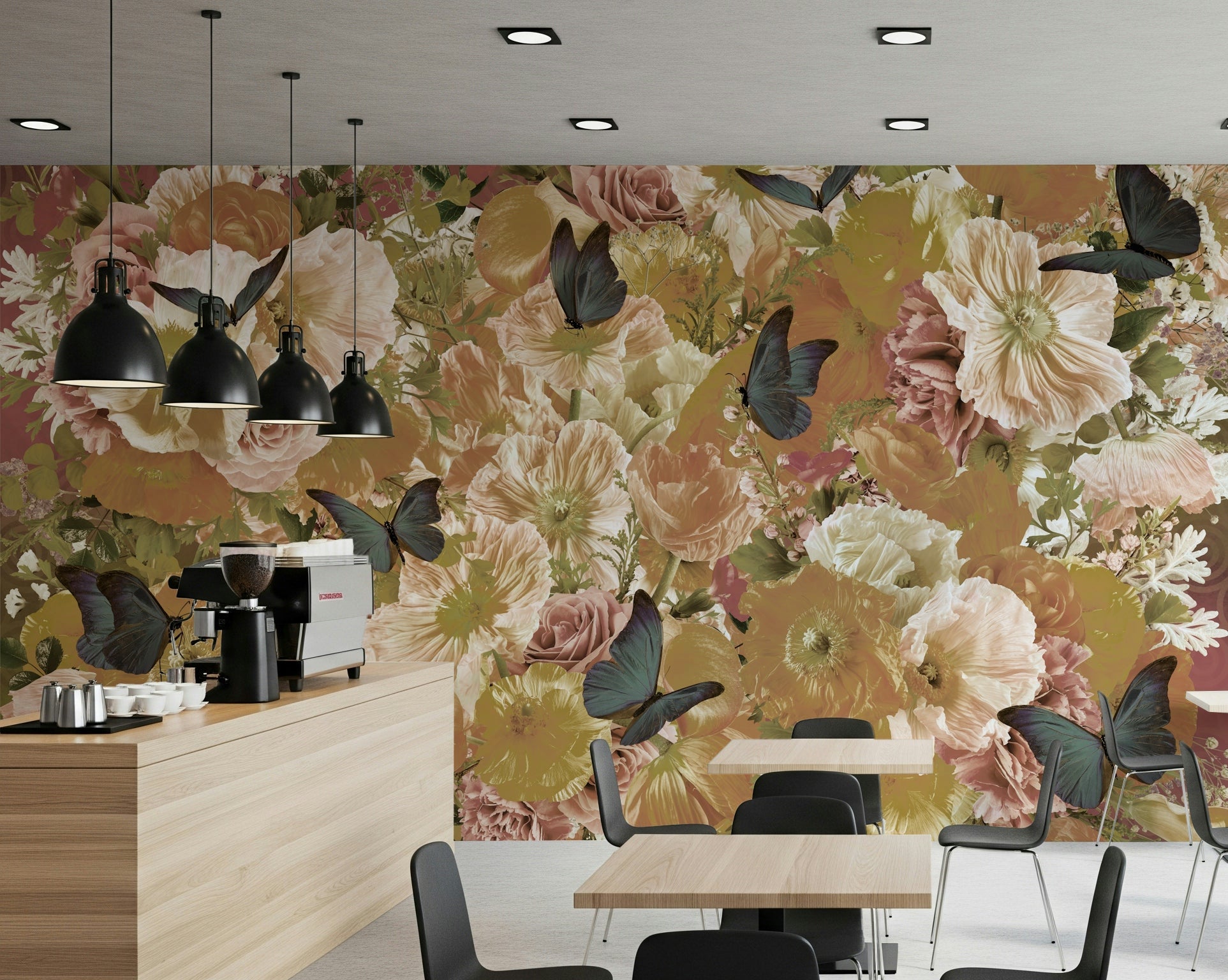 A beautiful butterfly garden wallpaper mural with delicate flowers and insects., GD5689