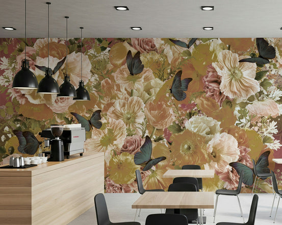 A beautiful butterfly garden wallpaper mural with delicate flowers and insects., GD5689