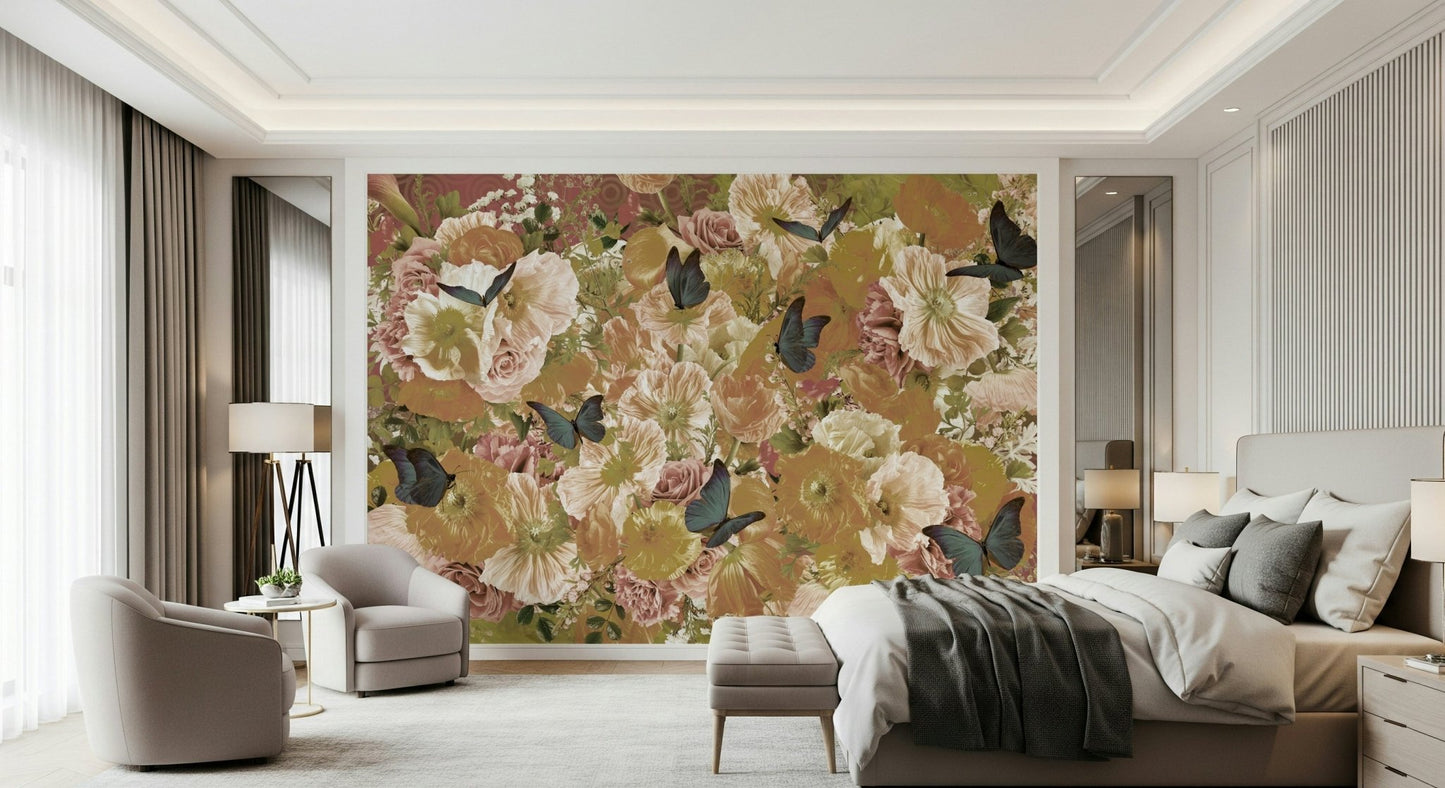 A peaceful flower and butterfly design mural on decorative wallpaper., GD5689