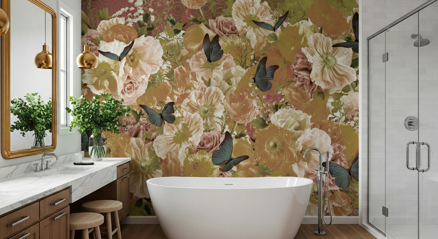 A serene subtle flower wall mural with butterflies for your decor., GD5689