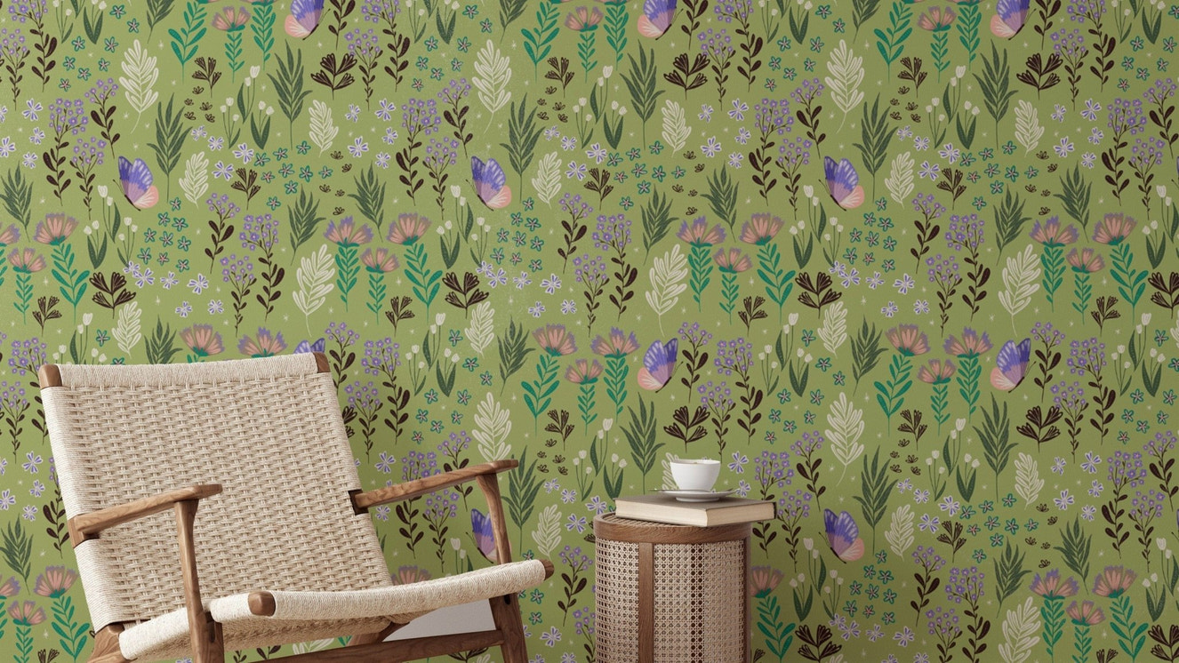 Enchanting butterfly meadow green wallpaper with vibrant hues.