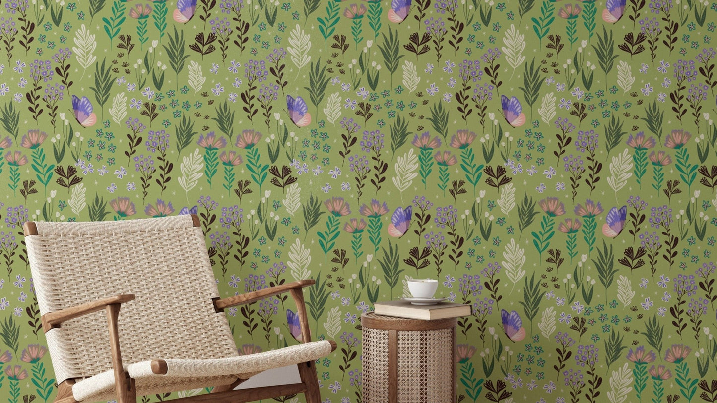 Enchanting butterfly meadow green wallpaper with vibrant hues.
