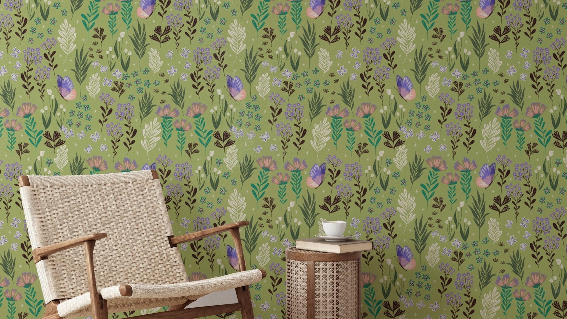 Enchanting butterfly meadow green wallpaper with vibrant hues.