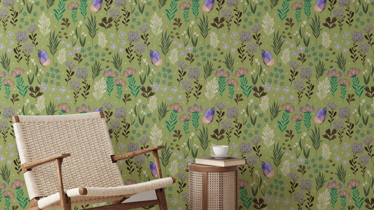 Enchanting butterfly meadow green wallpaper with vibrant hues. NI03
