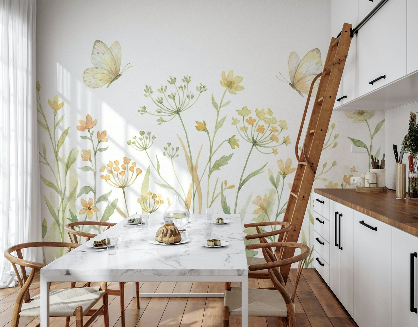 Butterfly meadow wall mural with green stems for a sunroom wallpaper mural