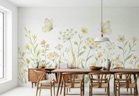 Butterfly meadow wall mural with white blossoms for a spa room