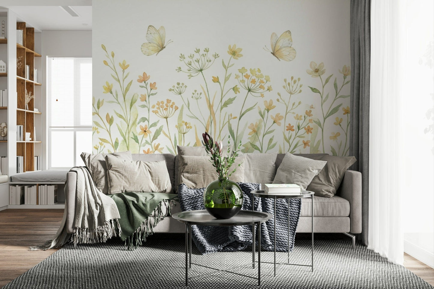 Butterfly meadow wall mural used in a contemporary dining space