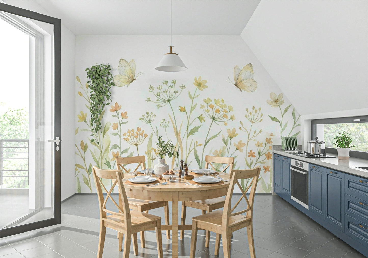 Meadow flowers and butterflies wallpaper mural for a home office