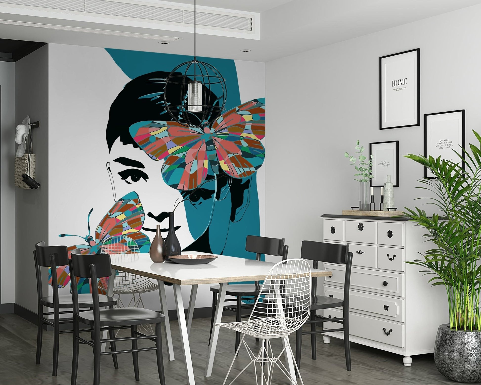 Minimalist butterfly art wallpaper mural for a modern home office.