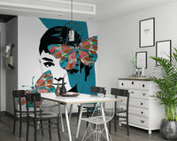 Minimalist butterfly art wallpaper mural for a modern home office.